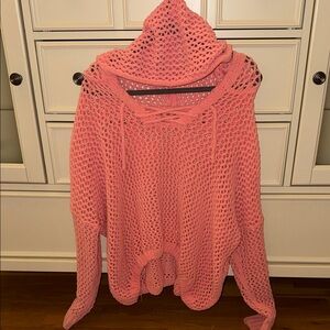 Trendy boutique Open-Knit Hooded Sweater - Coral Pink